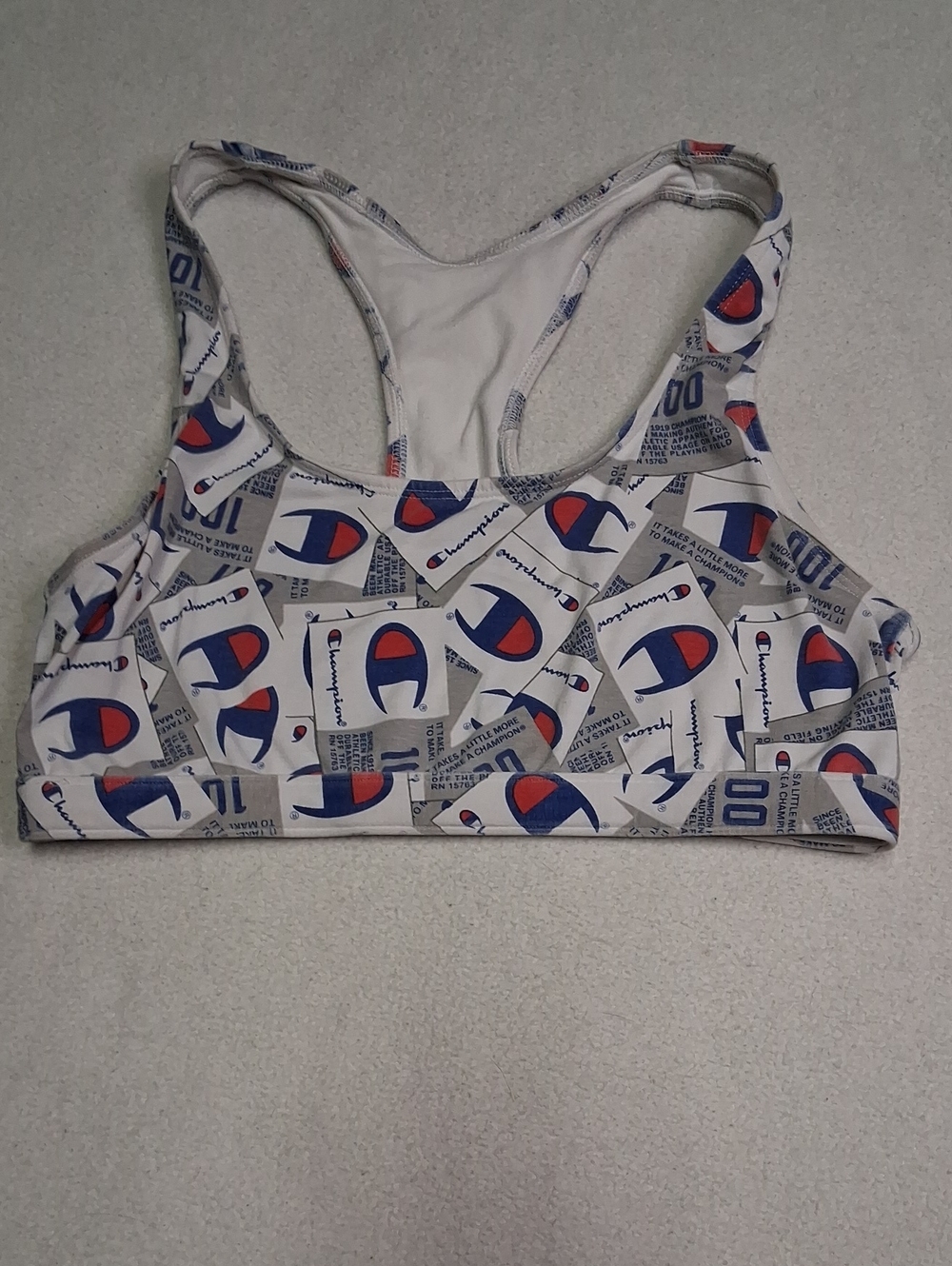 4/20$ Champion White Racerback Sports Bra with Blue & Red Logo Print